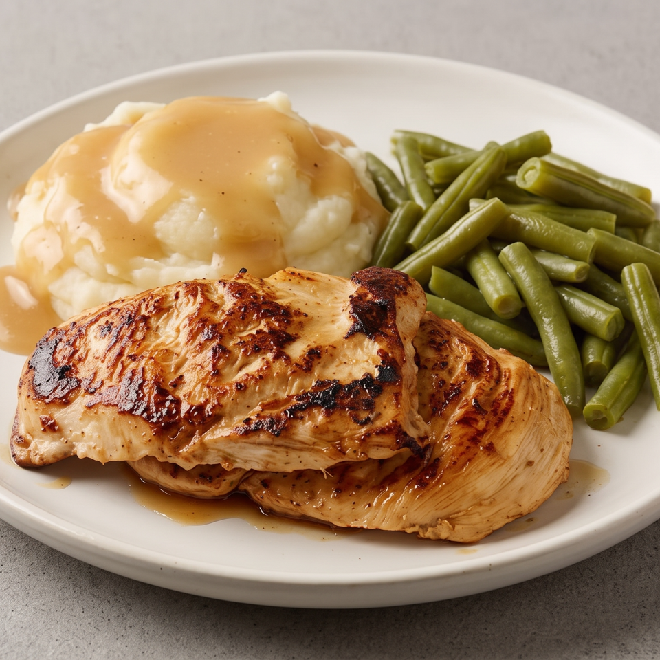 Grilled chicken breasts with mashed potatoes and gravy, served alongside green beans on a white plate.