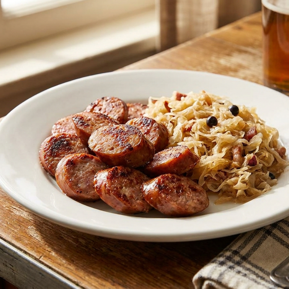 Grilled sausage slices and sauerkraut with black peppercorns on a white plate, with a beer.