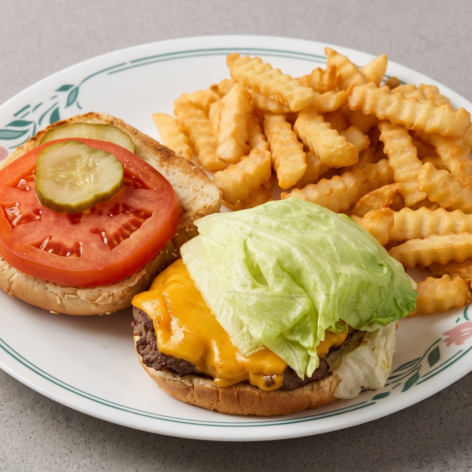 Cheeseburger topped with lettuce, tomato, and pickles alongside crinkle-cut fries on a decorative plate.
