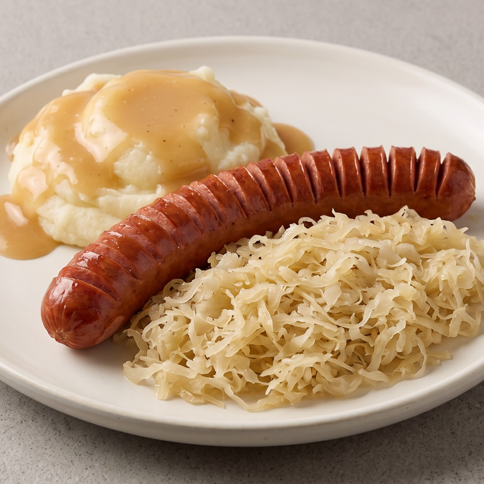 Sliced sausage served with sauerkraut and mashed potatoes topped with brown gravy on a white plate.