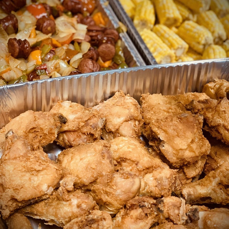 Trays of crispy fried chicken, grilled sausage with vegetables, and golden cornmeal sides at a restaurant buffet.