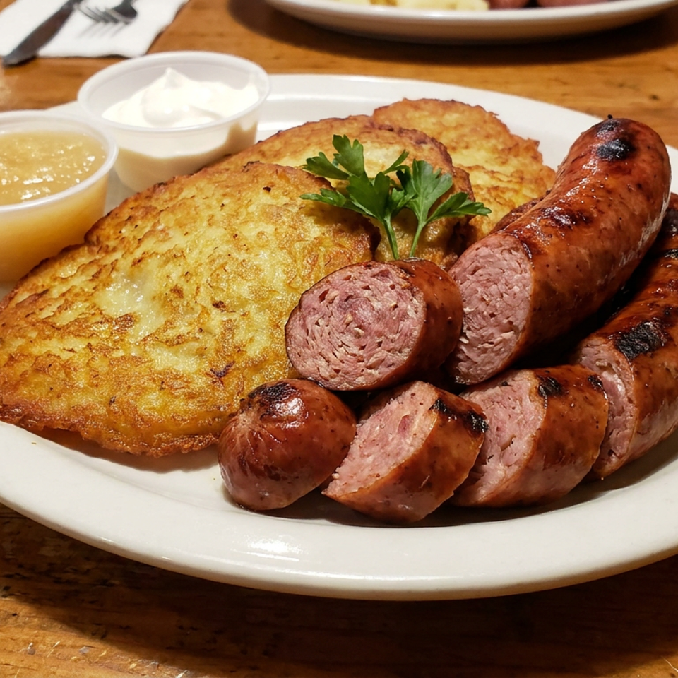 Grilled sausage, sliced and whole, with potato pancakes, applesauce, and sour cream on a white plate.