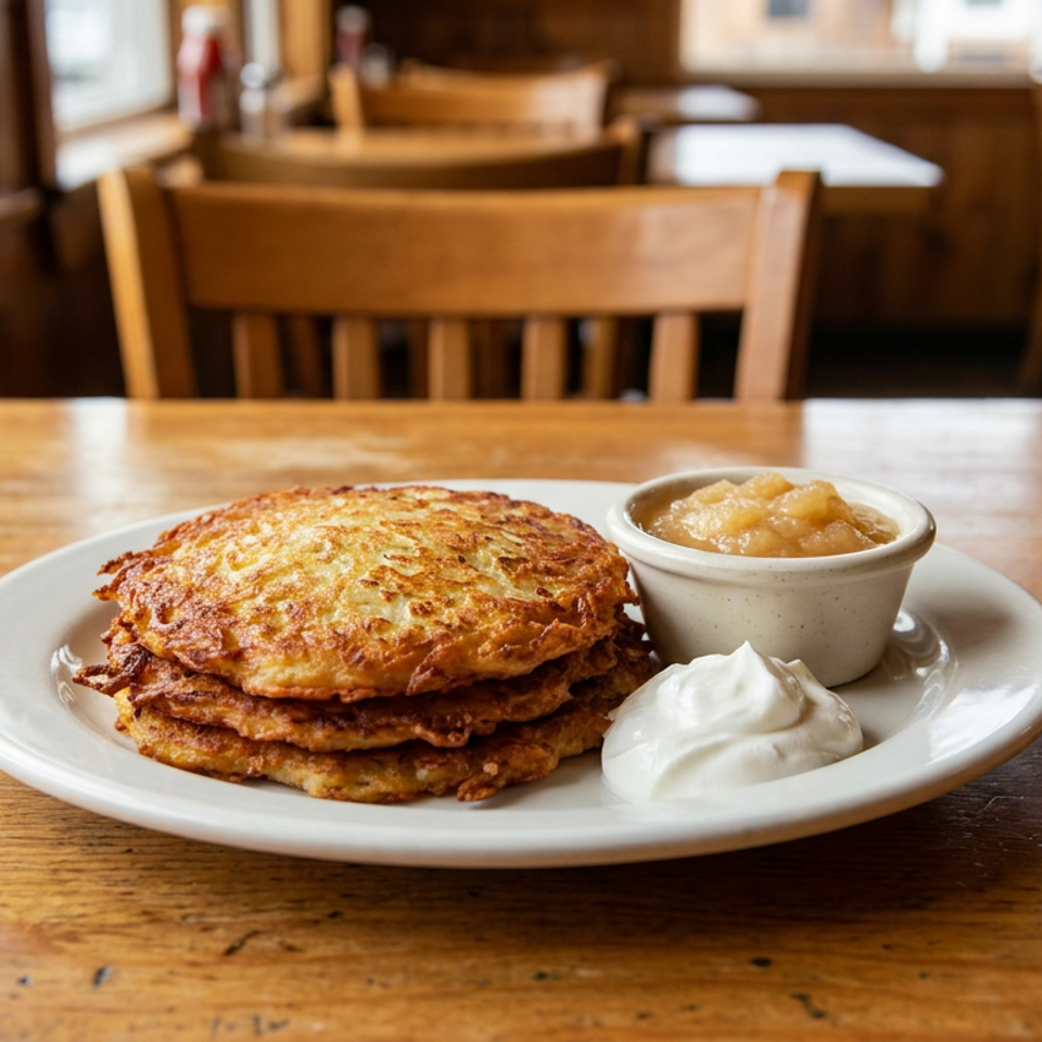 A stack of golden-brown potato pancakes with applesauce and sour cream on a wooden table.